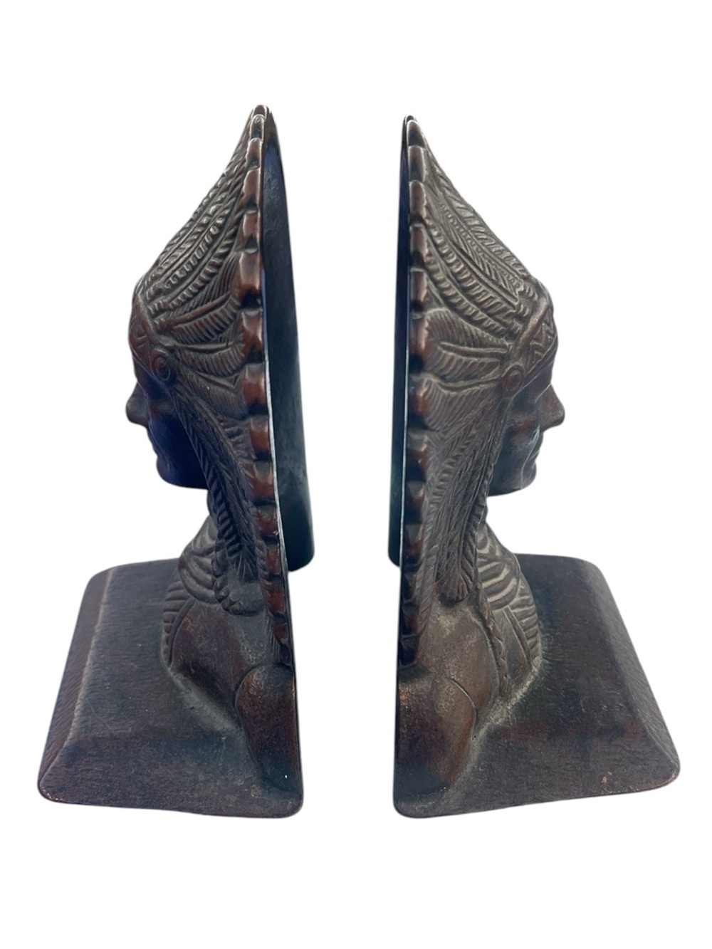 Native American Book Ends Vtg Cast Iron Copper Finish Indian Chief 6" Head Dress - Picture 3 of 5